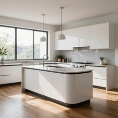 Bright modern white kitchen with island, pendant lights, large window, and wood floors