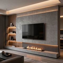 Modern living room with wall-mounted TV above a linear fireplace and warm built-in shelving lighting