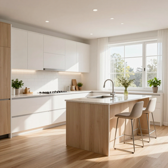Bright modern white kitchen with wood island, stools, and sunlight through large windows