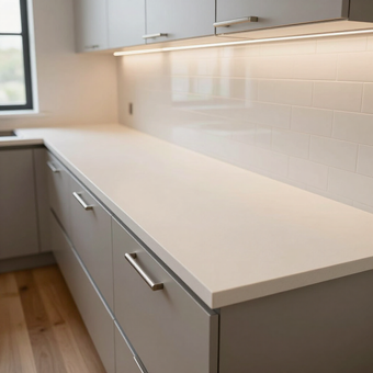 Modern kitchen counter with white countertop, gray cabinets, and under-cabinet lighting