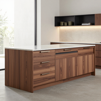 Modern wood kitchen island with drawers and cabinets in a bright contemporary kitchen