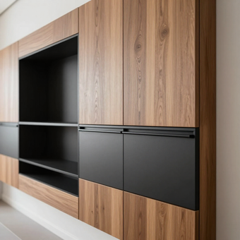 Modern wood-grain wall unit with black shelves and cabinets in a minimalist interior