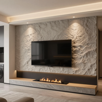 Modern living room with a wall-mounted TV, textured stone accent wall, and linear fireplace beneath it