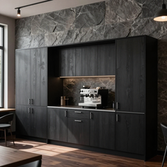 Modern dark wood coffee bar with espresso machine under black stone wall in a contemporary interior