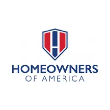 Logo of Homeowners of America: Shield with red, white, and blue bars,