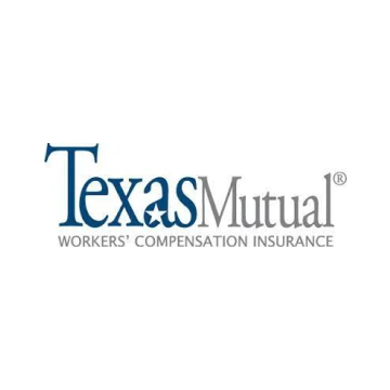 Texas Mutual Workers' Compensation Insurance logo. Blue text, white background. Star in