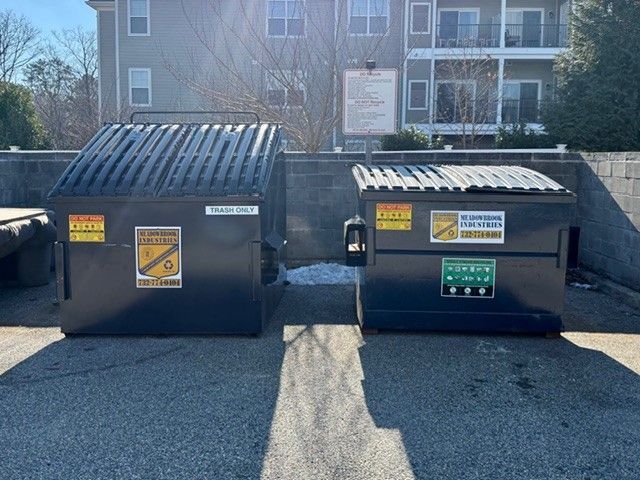 Two dark blue industrial dumpsters side-by-side in an outdoor paved parking lot near a residential building.
