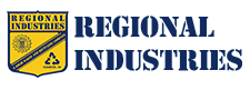 The Regional Industries logo featuring a yellow crest with text and a recycling symbol next to the company name in blue.