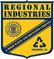 Shield-shaped logo for Regional Industries, a solid waste and recycling company in Elizabeth, NJ, featuring yellow and navy.