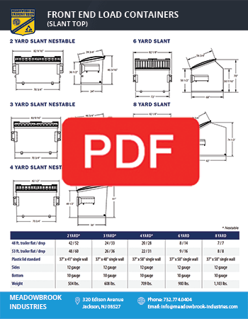 A specification sheet for Meadowbrook Industries front-end load dumpsters, showing dimensions, sizes, and weights.