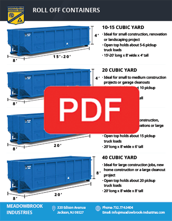 Flyer for Meadowbrook Industries showing blue roll-off dumpsters in 10-15, 20, 30, and 40 cubic yard sizes with dimensions.