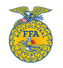 FFA emblem with eagle, owl, plow, and rising sun, in yellow, blue, and gold.
