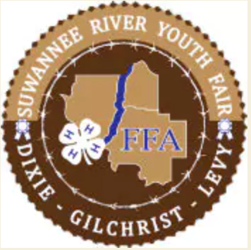 Suwannee River Youth Fair logo with Florida map, FFA, 4-H clover, and text: Dixie-Gilchrist-Levy.