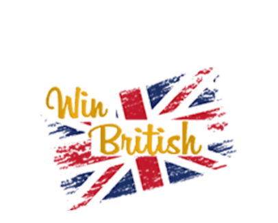 Win British text over a stylized red, white, and blue Union Jack