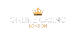 Online Casino London logo with gold crown and gold lettering on white background