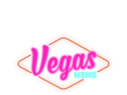 Neon-style Vegas Wins logo in pink and cyan inside an orange diamond outline on a white background
