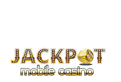 Jackpot mobile casino logo with gold and brown lettering and a golden dice icon