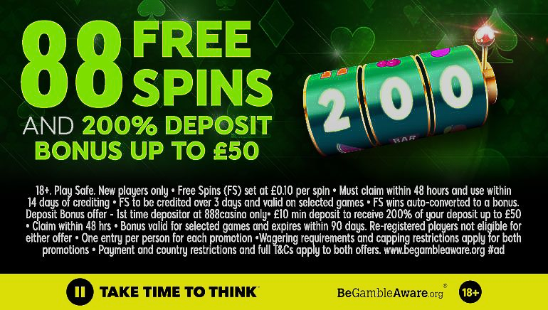 88 free spins and 200% deposit bonus to €50 on a green casino ad with rolling slot reels