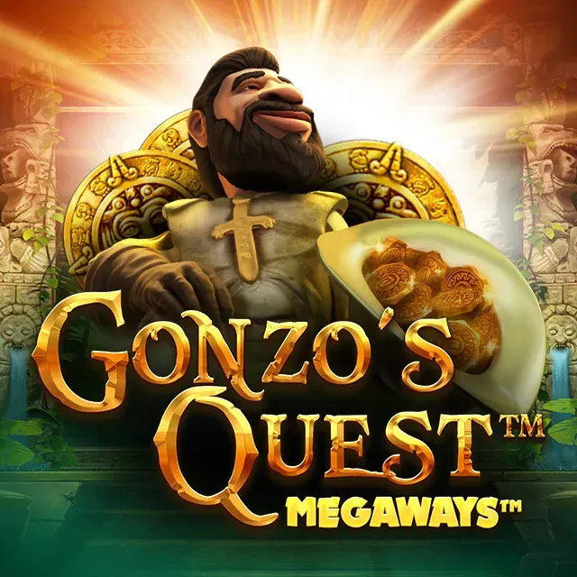 Gonzo’s Quest Megaways logo with a smiling adventurer and gold coins in a bright temple setting