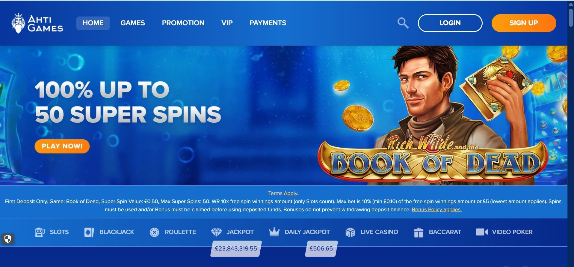 Blue online casino promo banner for Book of Dead, with 100% up to 50 super spins and a man holding a staff