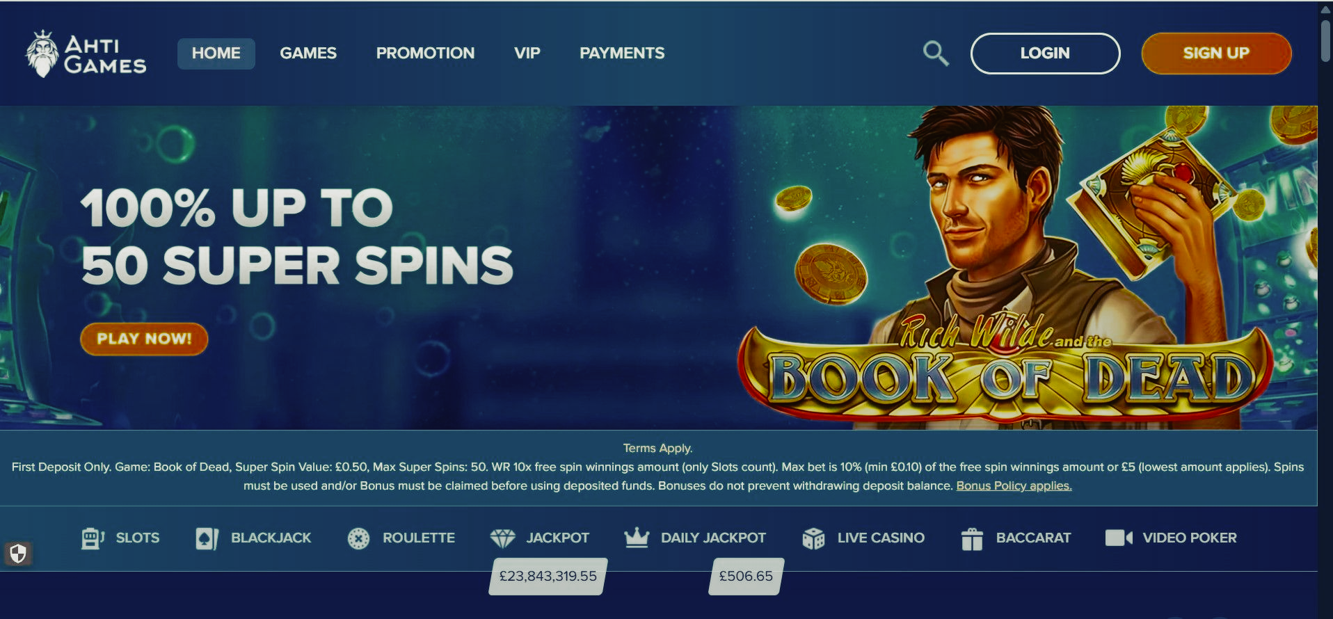 Blue casino homepage banner advertising “100% up to 50 super spins” for Book of Dead game.