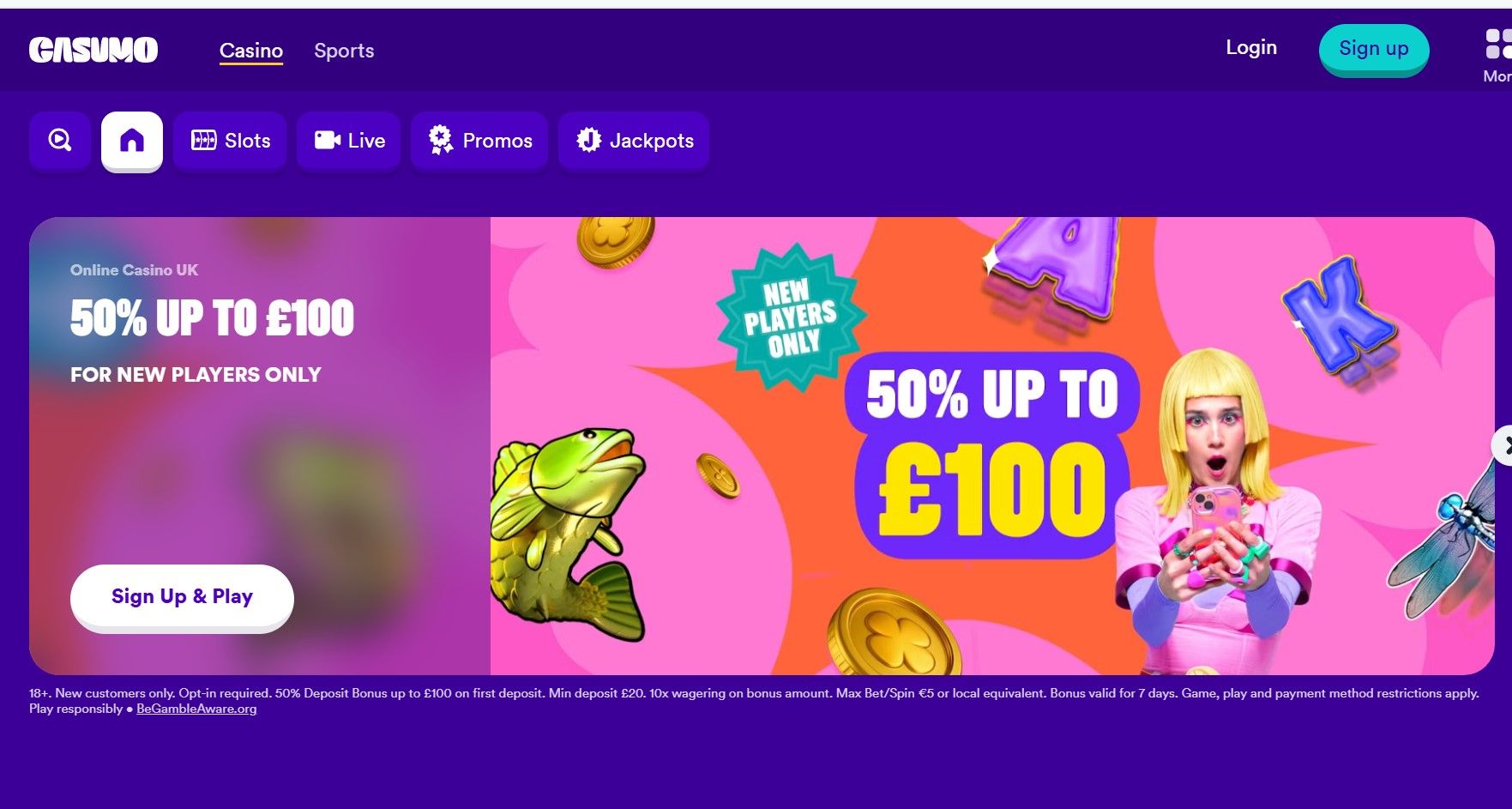 Purple gaming casino homepage with 50% up to €100 promo banners and a cartoon character holding chips