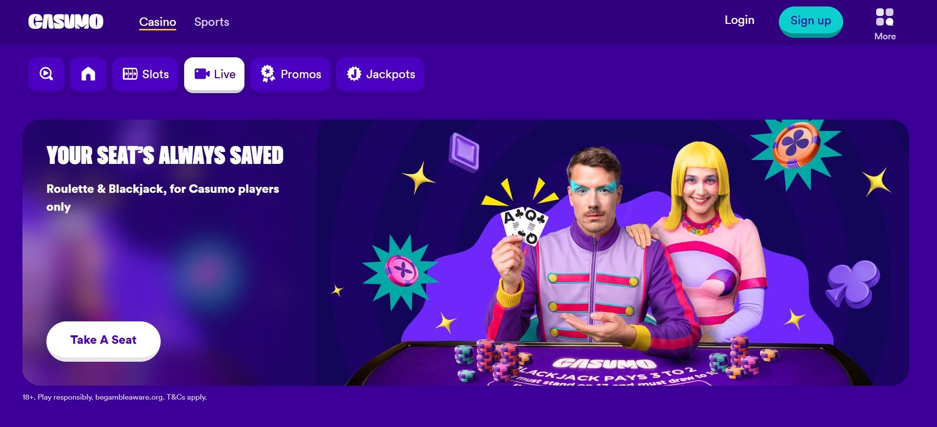 Purple gaming promo with two performers, neon graphics, and a “Watch it now” button