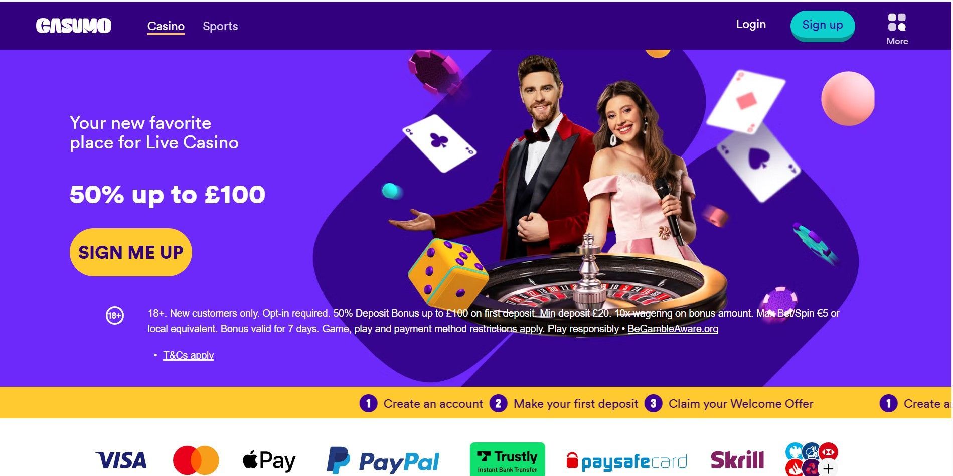 Gambling website homepage banner with purple background, casino chips, cards, and a couple beside a poker table offering a sign-up bonus.
