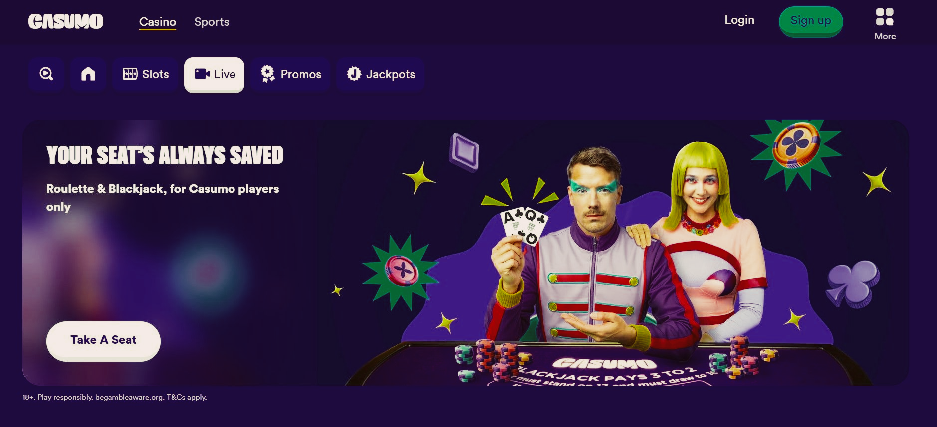 Purple gaming website homepage with two stylized characters and a “play now” buttonhttps://media.casumoaffiliates.com/redirect.aspx?pid=1246868&bid=18025