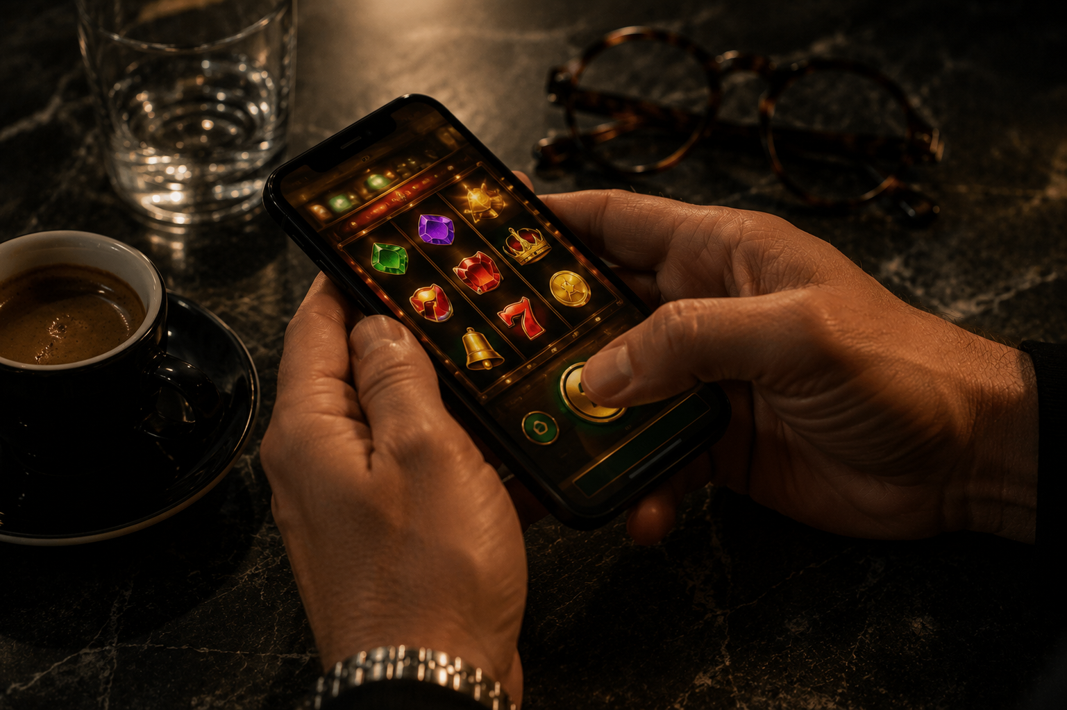 Hands using a smartphone with a colorful game on screen beside a coffee cup in dim light