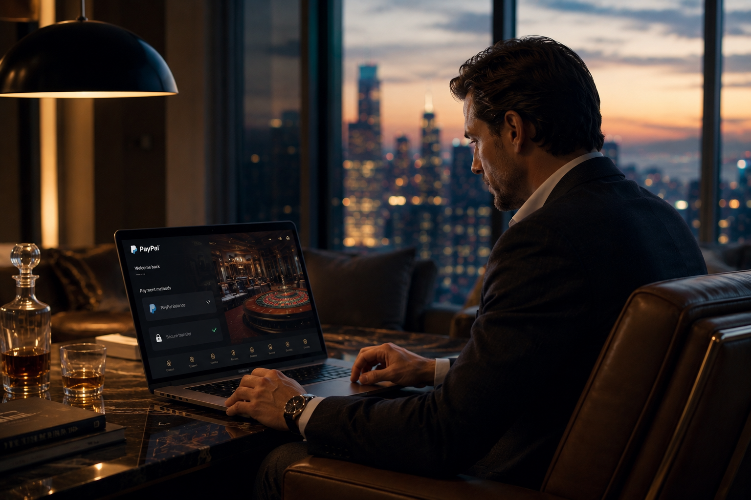 Man using a laptop at a desk in a city office at sunset, with skyline lights outside the window