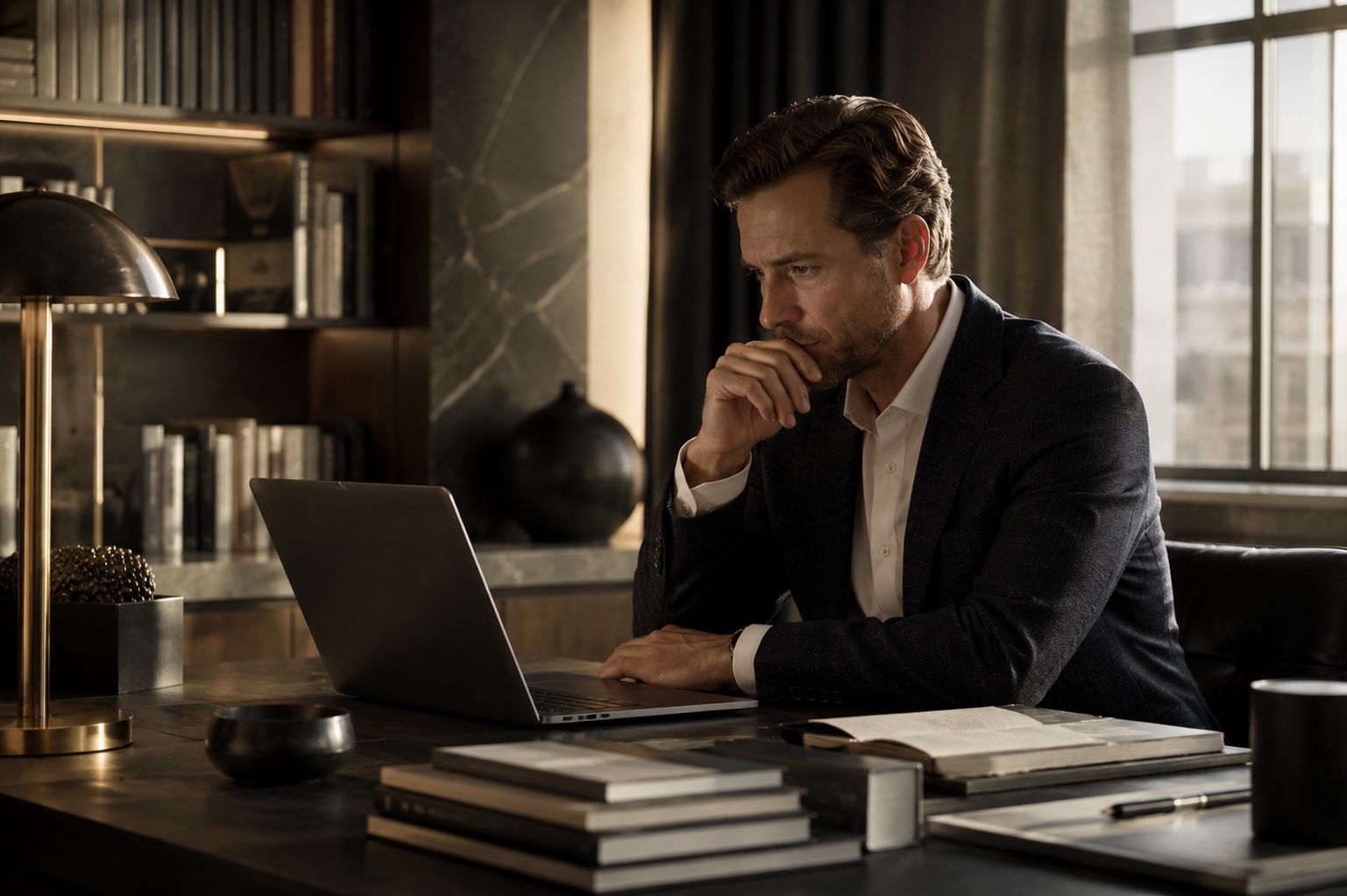 Man in a dark blazer working on a laptop at a desk in a warm, book-lined office