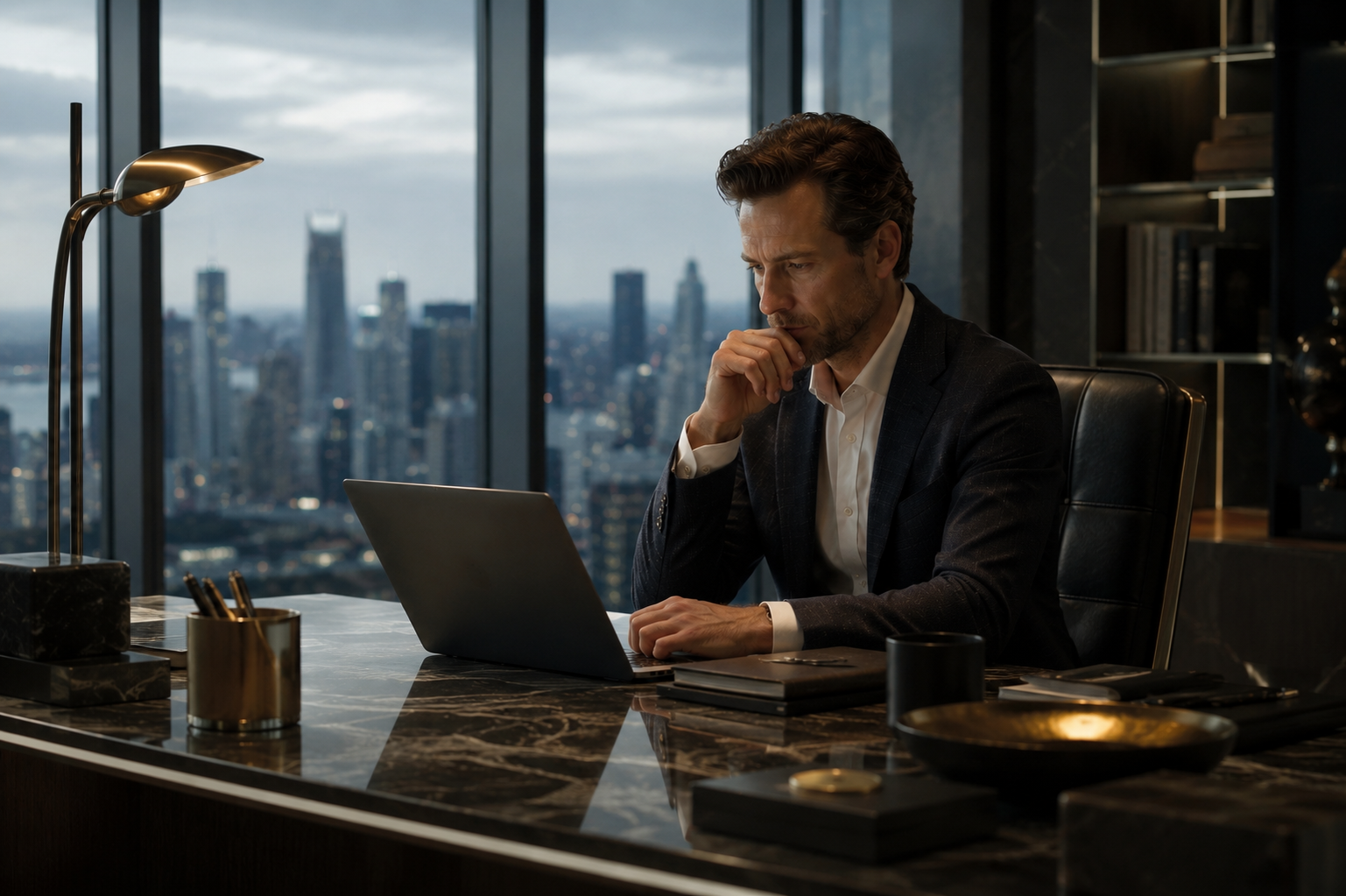 Man in a dark suit working on a laptop at a marble desk with city skyline view through large windows