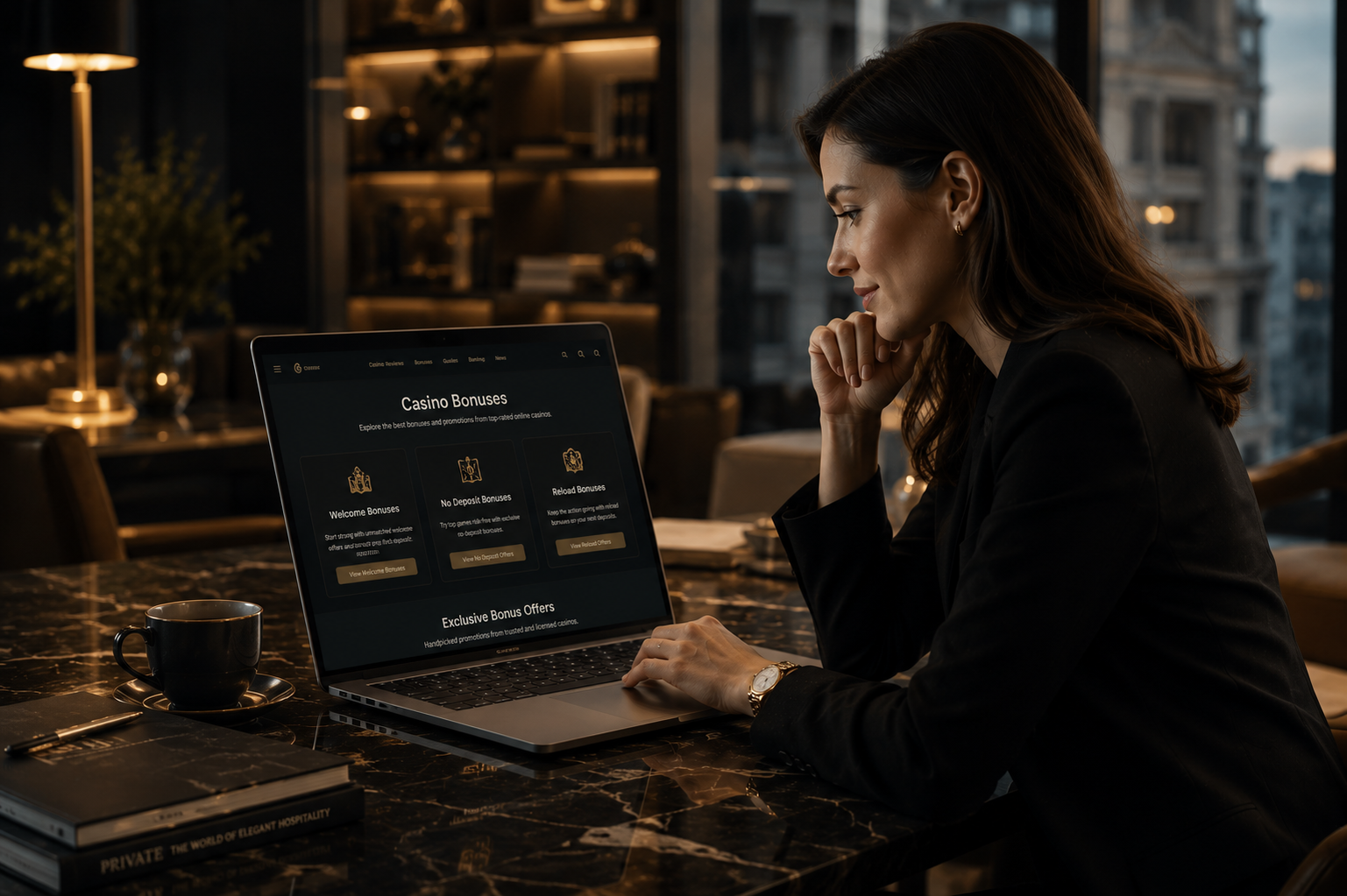 Woman working on a laptop at a dimly lit café table with a coffee cup nearby at night