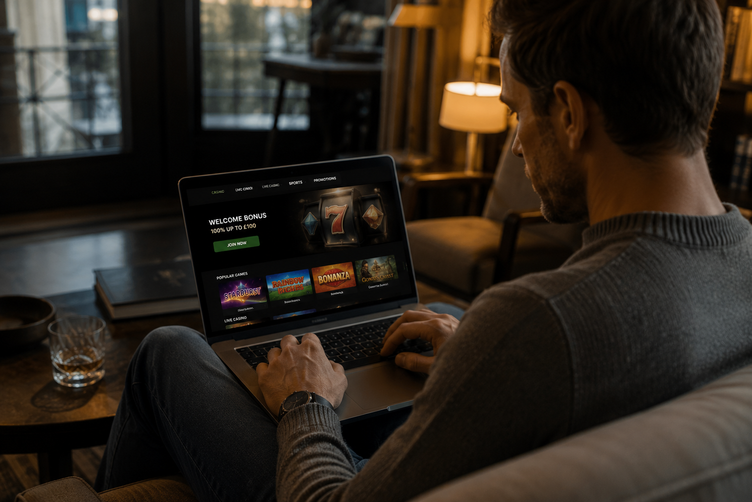 Person using a laptop on a dimly lit couch, watching a streaming service interface at night