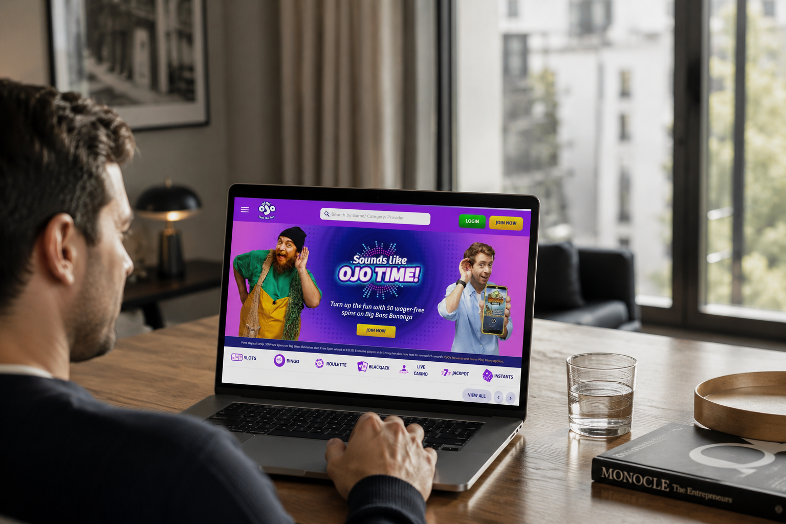Purple OJ-themed website banner with two men, drinks, and “Sounds Like OJO TIME!” promo text