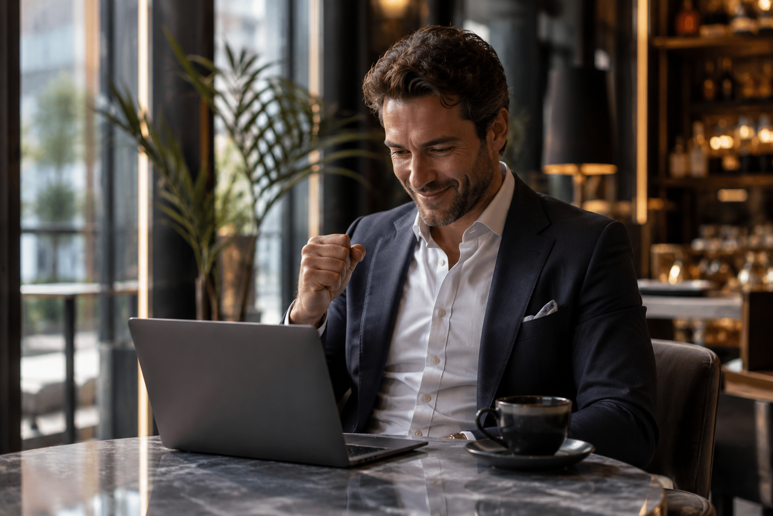 Man smiling at a laptop in a stylish café, with a coffee cup on the table