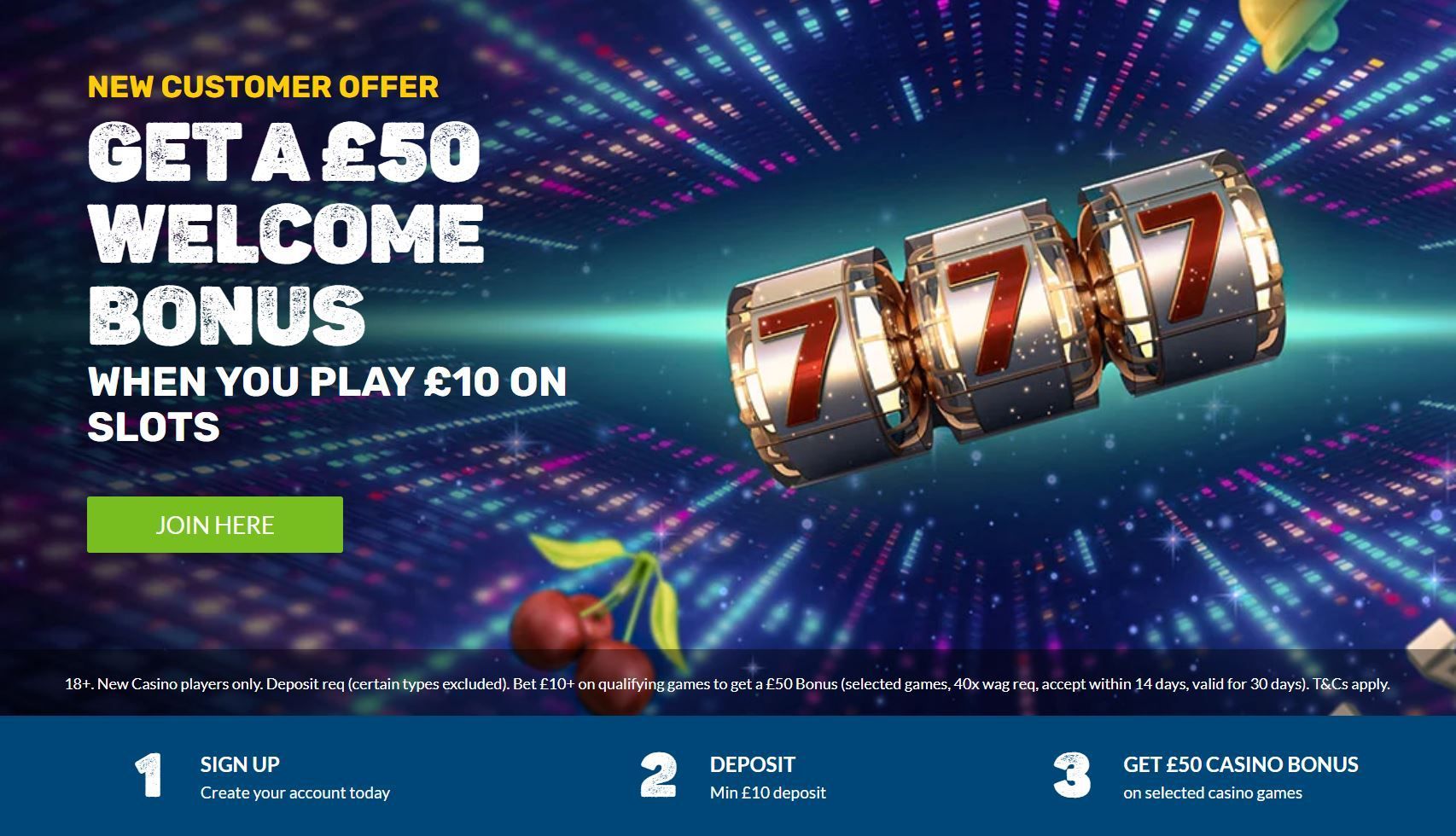 GTA$50 welcome bonus banner with colorful slot reels, green play button, and 3-step instructions