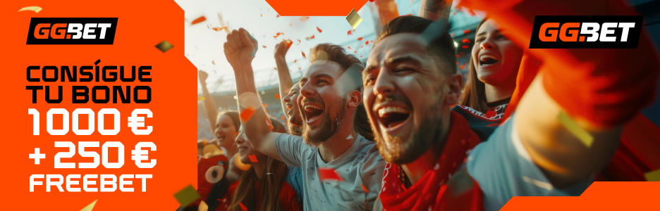 GGBet promo banner with cheering soccer fans and orange text offering “1 000 € + 250 € freebet”
