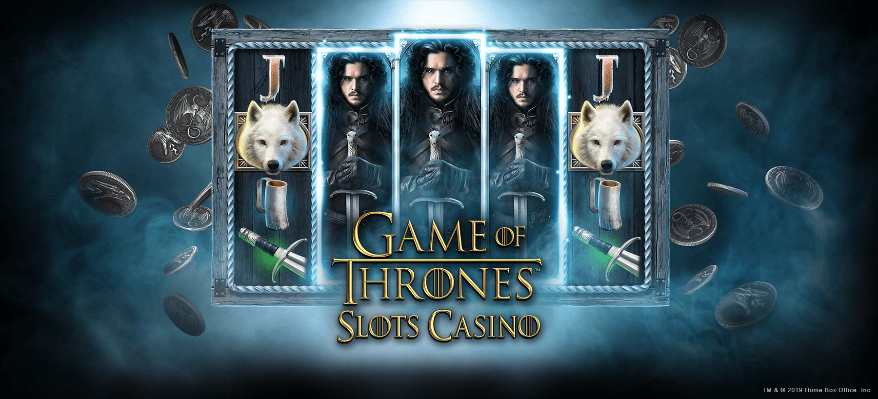 Game of Thrones: Skin Cards promo with four icy character cards and wolf emblems on a blue background