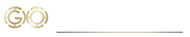 Gold GO logo with a horizontal line on a white background