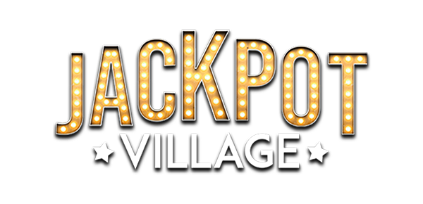 “JACKPOT VILLAGE” logo with gold marquee-style text and small stars on a white background