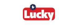Lucky logo in white on a red background with a blue star circle above the word.