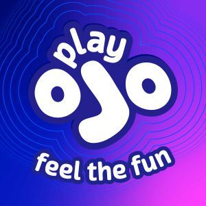 PlayOjo logo on blue-purple gradient with the words “play” and “feel the fun”