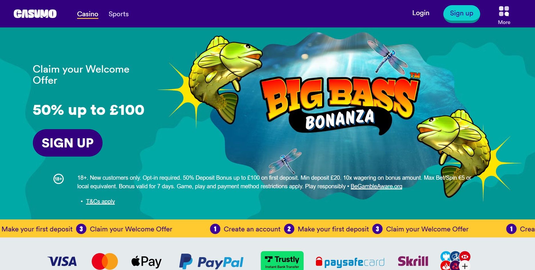 Sports betting homepage banner for “Big Bass Bonanza” with a 50% up to $100 signup offer and fish graphics