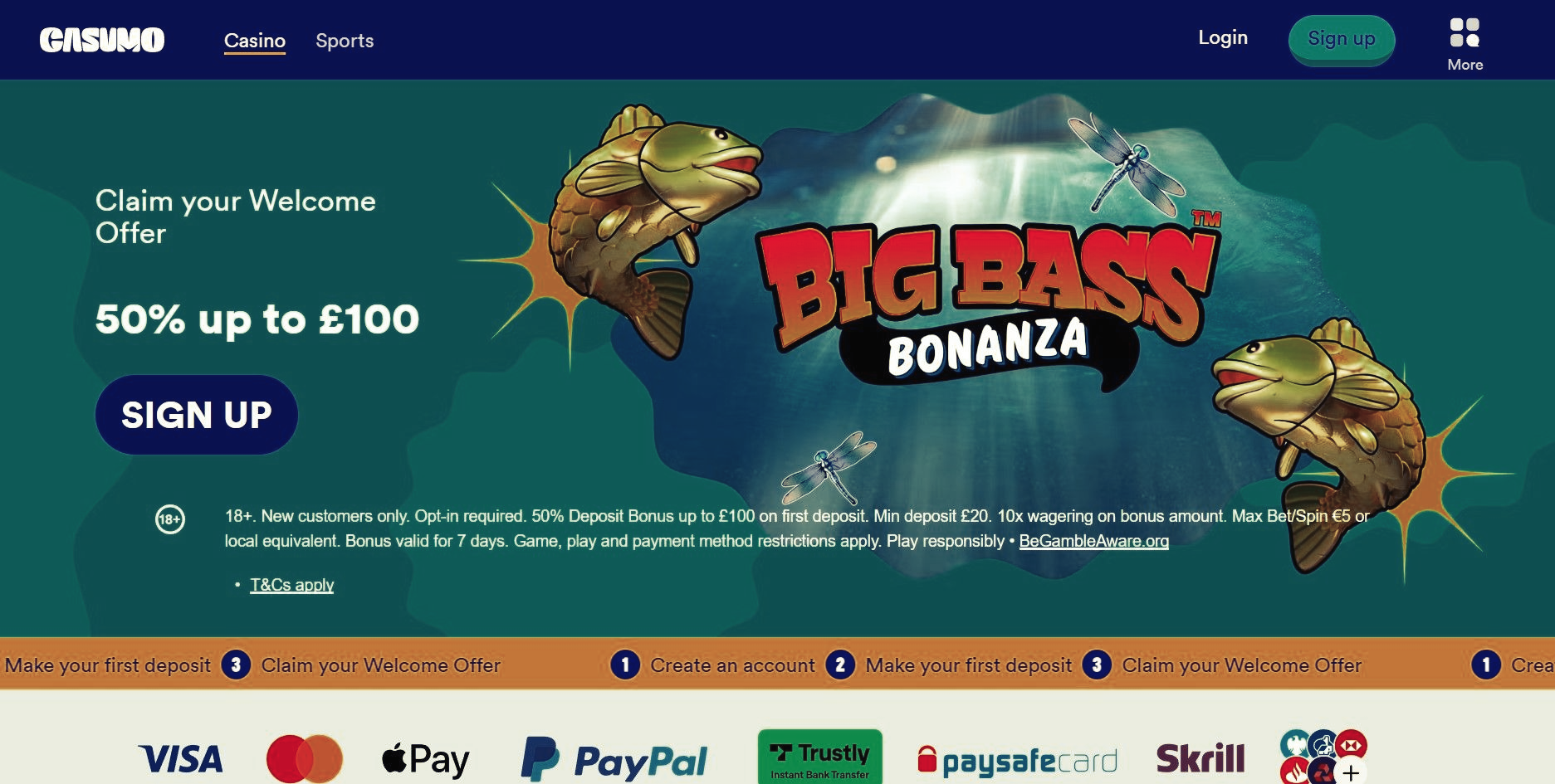 Sports betting homepage banner for “Big Bass Bonanza” with a 50% up to $100 signup offer and fish graphics
