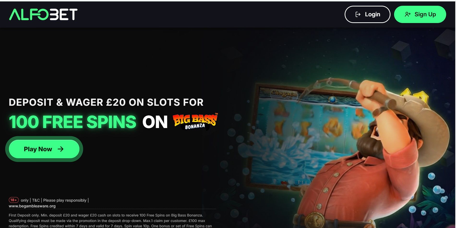 ALFOBET casino promo with green “100 FREE SPINS” offer and a character holding a guitar on a dark background