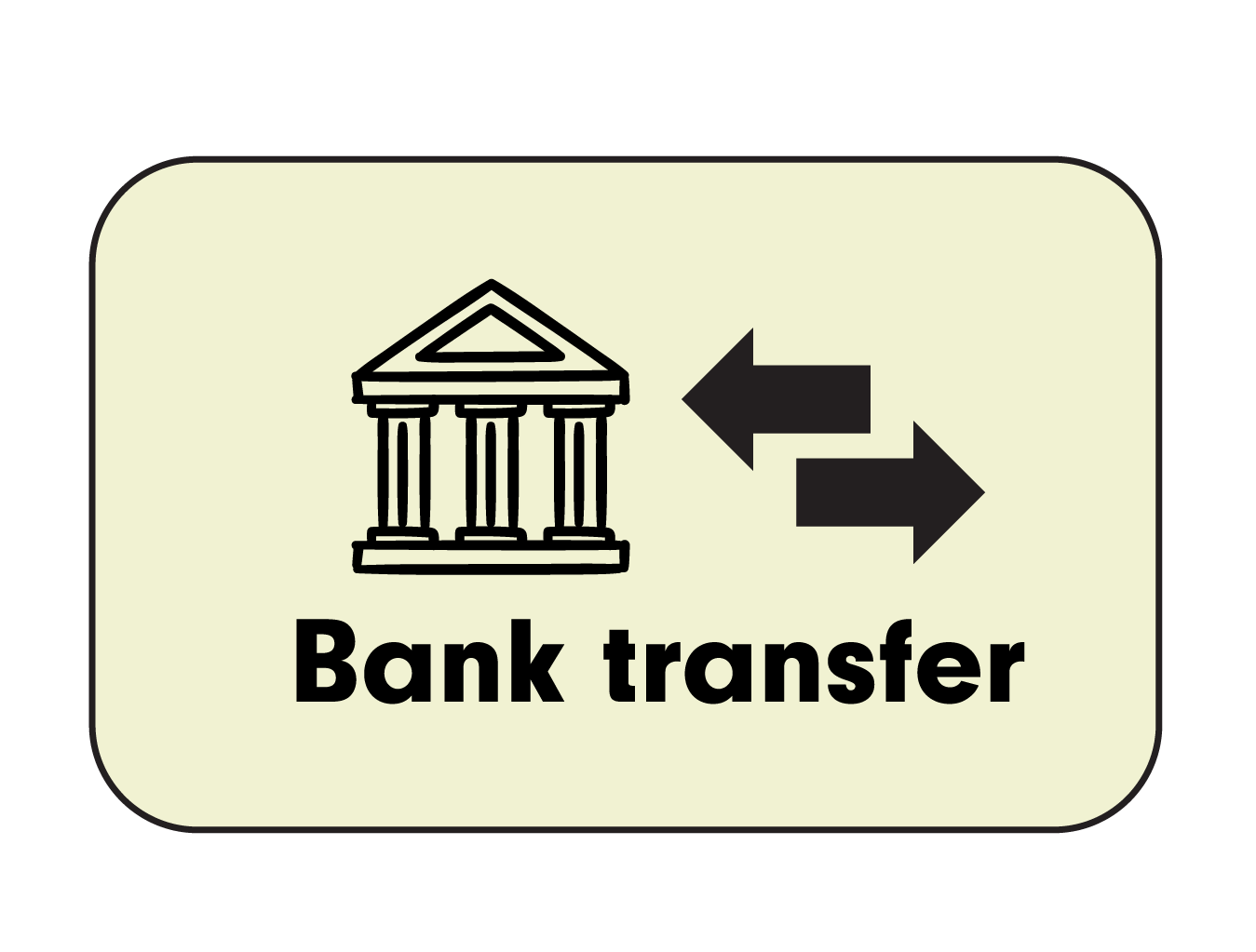 Bank transfer icon with building and two-way arrows on a beige rounded rectangle