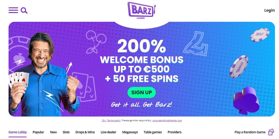 Purple Barz casino promo banner advertising “200% welcome bonus + 50 free spins” with a smiling man and slot icons