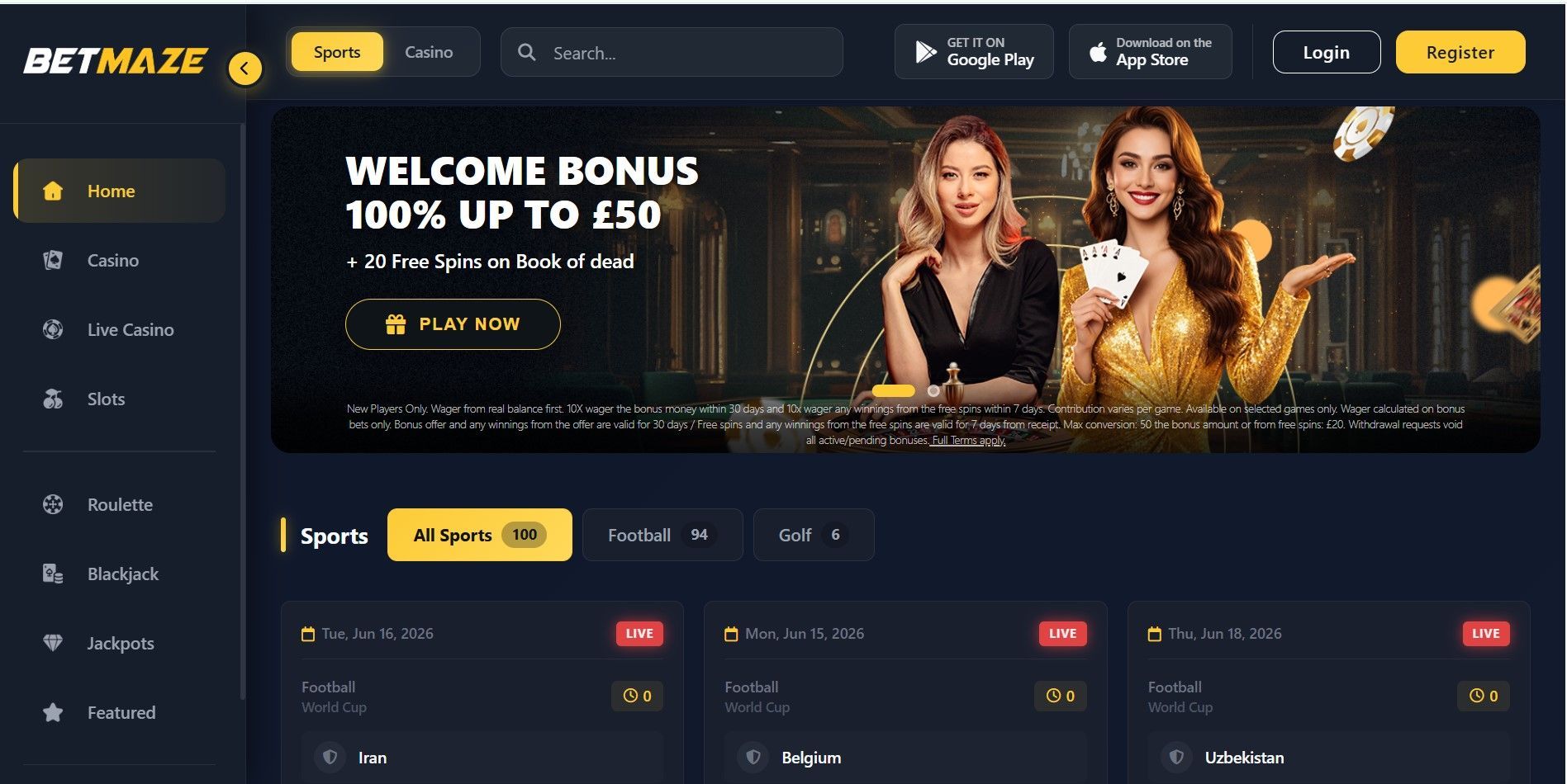 Dark-themed BETMAZZ casino homepage with bonus banner, sports odds tiles, and game navigation tabs
